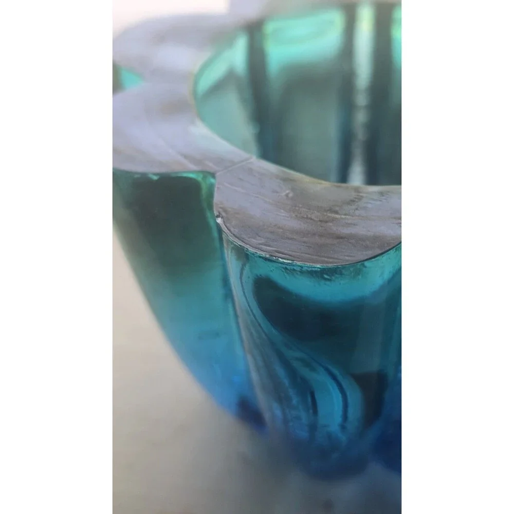 Vintage recycled glass votive bowl in Turquoise Blue/ Green Ombre Made in Spain